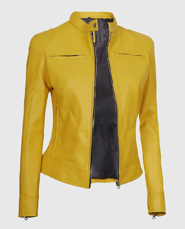 Women's Yellow Cafe Racer Leather Jacket