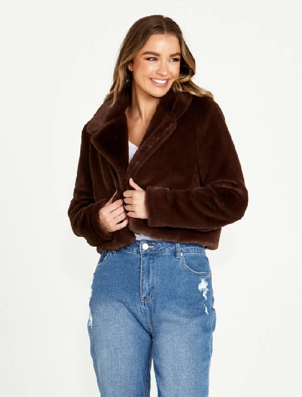 Xanthe Cropped Fur Jacket - Chocolate