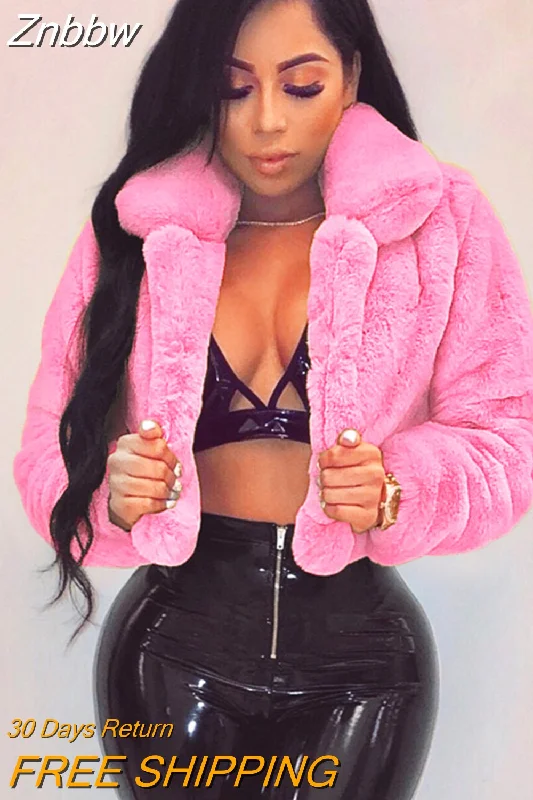 Znbbw Notched Collar Open Front Faux Fur Winter Coat Women 11 Colors Cropped Jacket Fashion Fake Fur Coats 2023 New Outwear