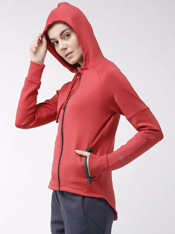 Alcis Women Red Solid Hooded Sweatshirt