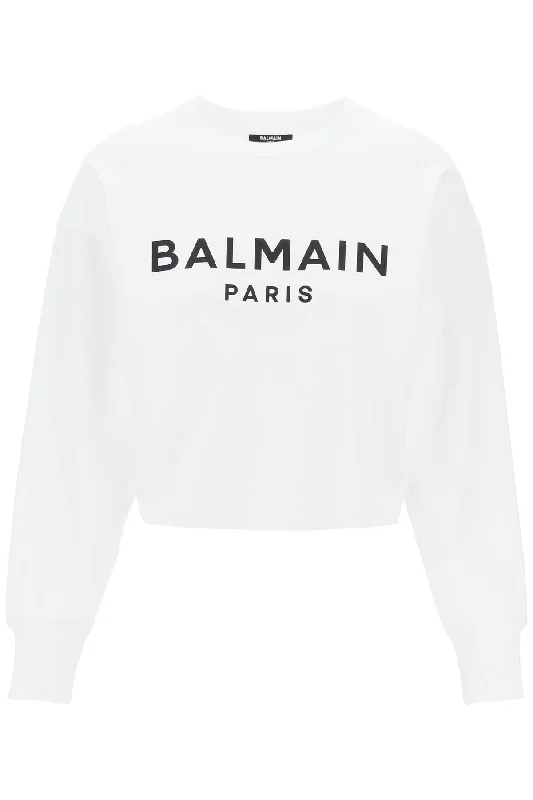 Balmain cropped sweatshirt with flocked logo CF1JO065BB02 BLANC NOIR