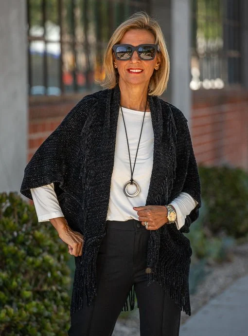 Black Lightweight Chenille Cardigan with Fringe