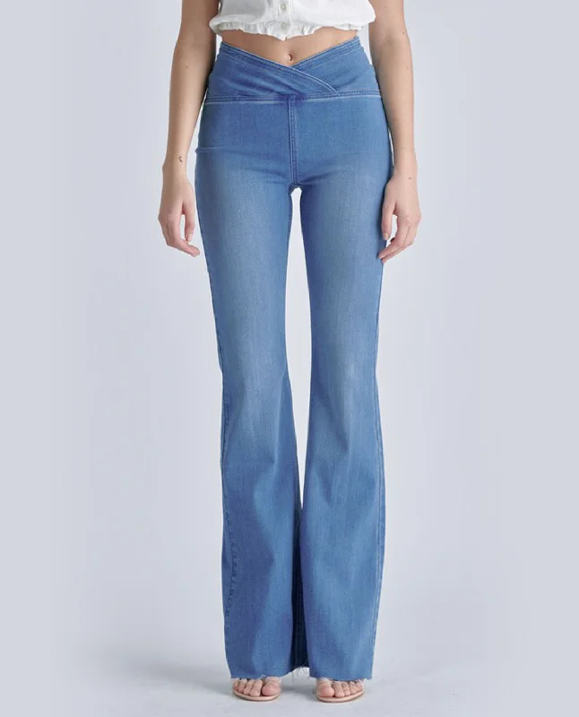 Cello High Rise Flare Jean with Criss Cross Wide Waistband Detail