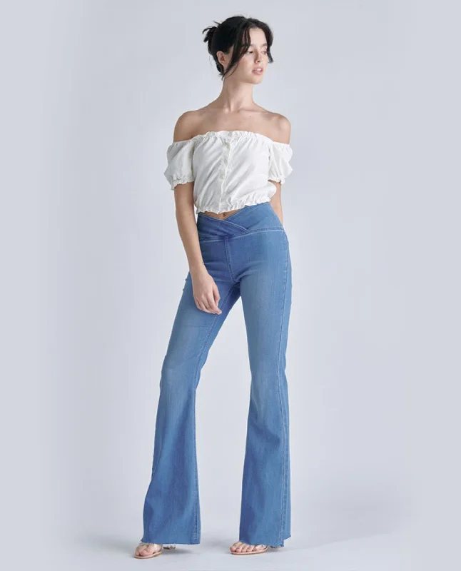 Cello High Rise Flare Jean with Criss Cross Wide Waistband Detail