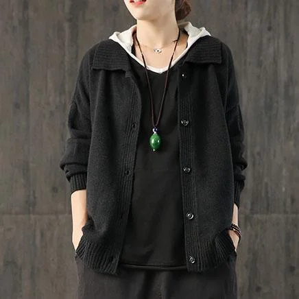 Fashion black knitted cardigans Loose fitting o neck sweaters lapel collar