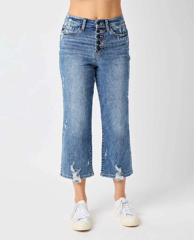 Judy Blue Button Fly Wide Leg Crop with Destroy Jeans