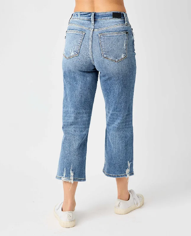 Judy Blue Button Fly Wide Leg Crop with Destroy Jeans