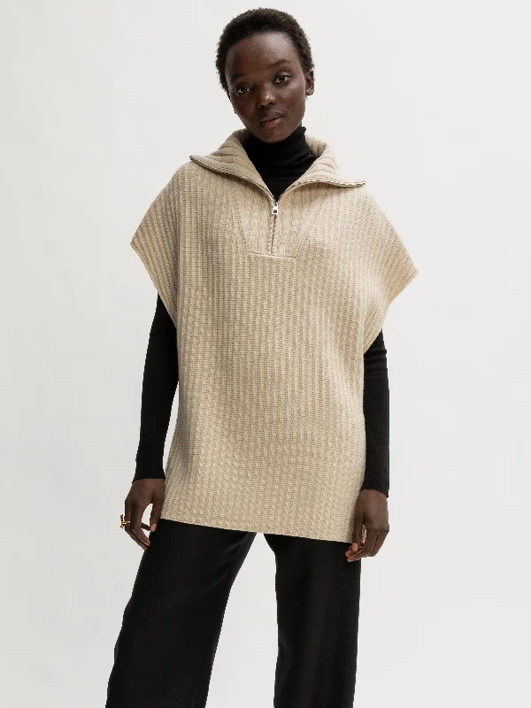 Merino Rib Zip Poncho | Cream