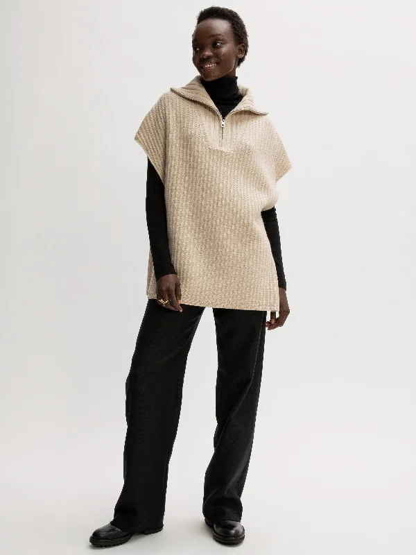 Merino Rib Zip Poncho | Cream