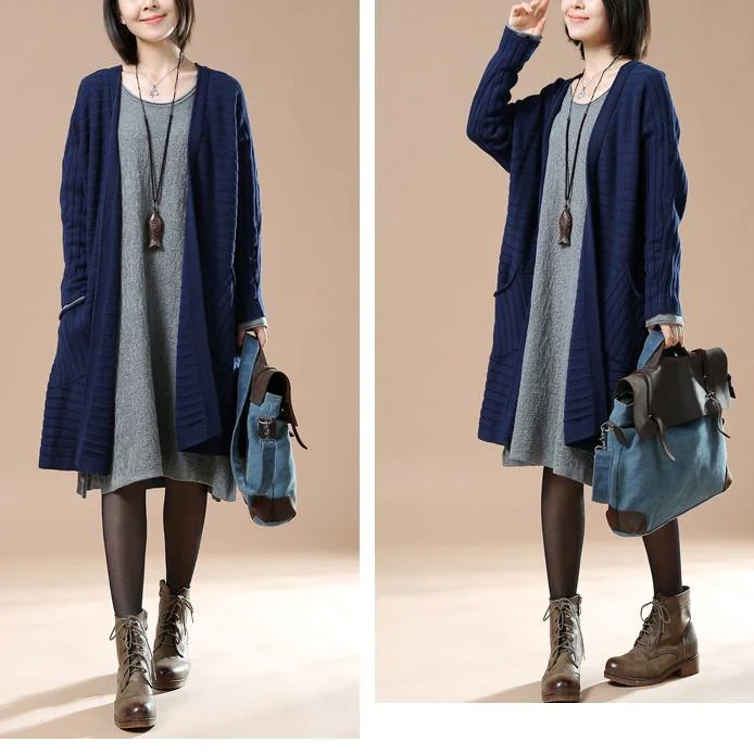 Navy plus size knitted cardigans sweater coats