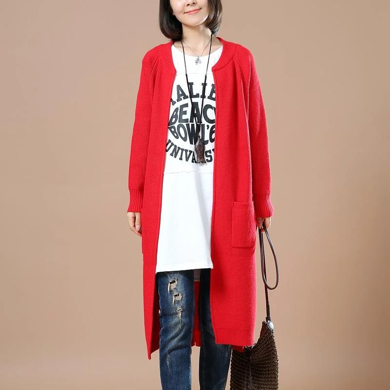 Oversize Red sweaters Solid color knit cardigans