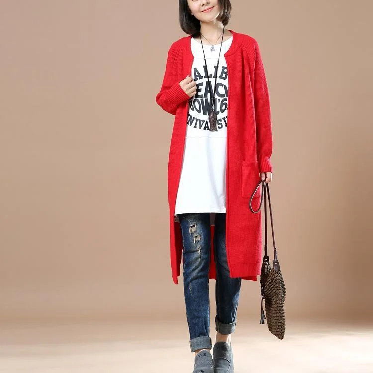 Oversize Red sweaters Solid color knit cardigans