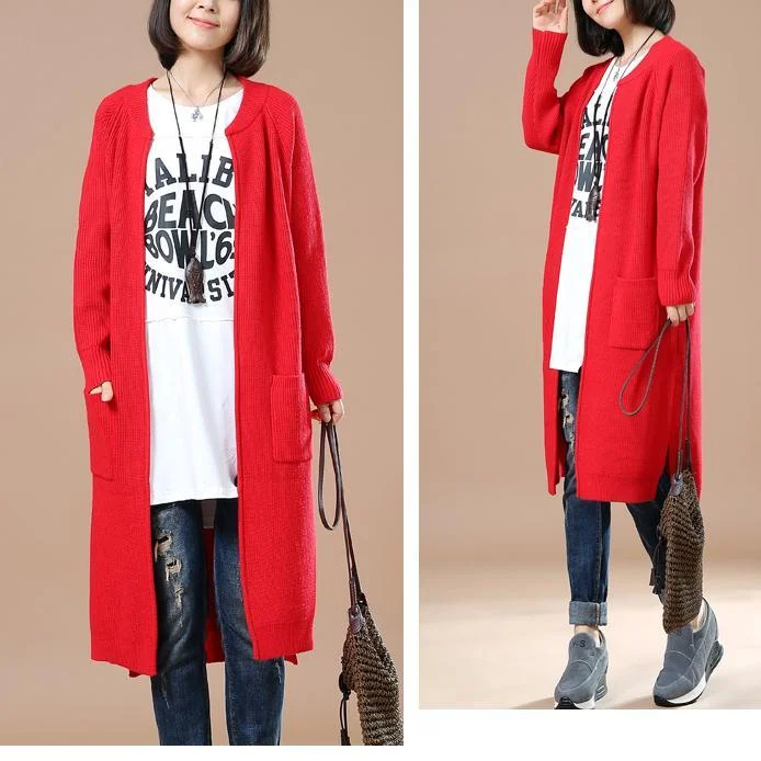 Oversize Red sweaters Solid color knit cardigans