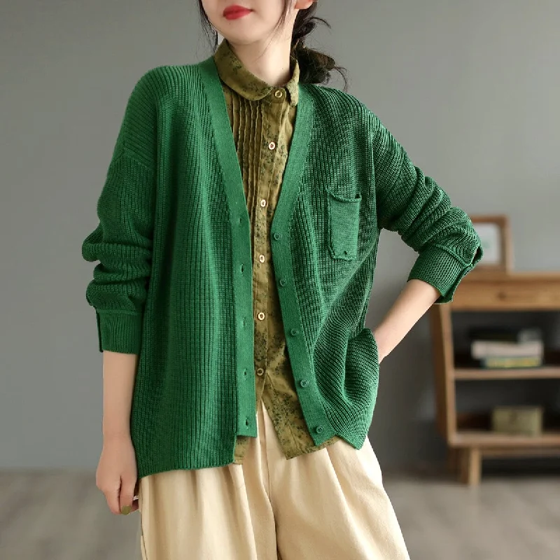 Spring Cotton Knitted Casual Solid V-Neck Cardigan