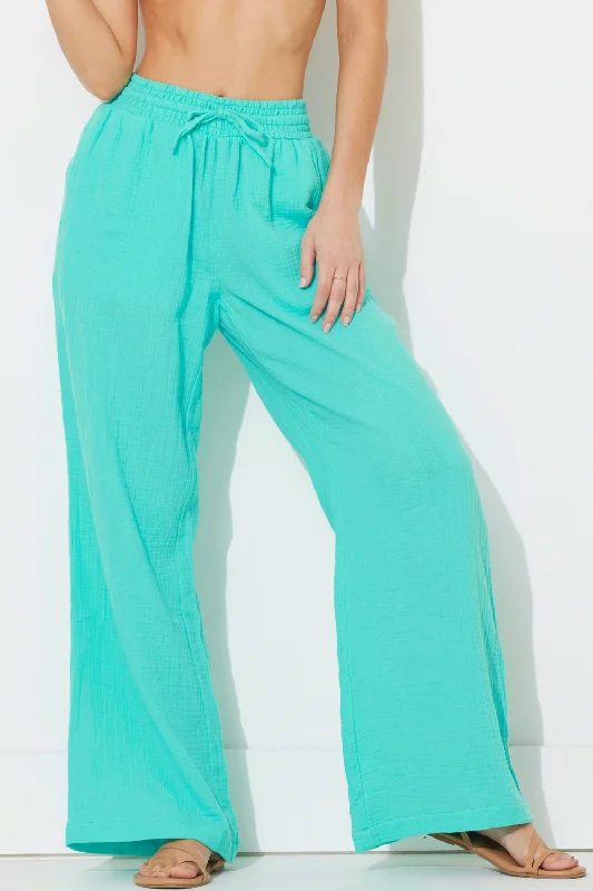 Teal Green Gauze Wide Leg Pants