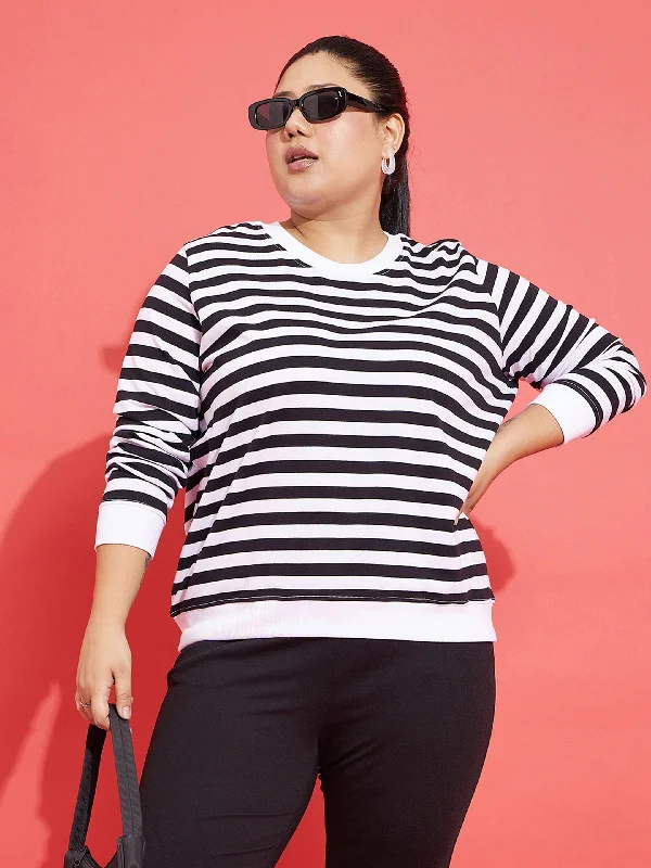 Women Black & White Fleece Striped Sweatshirt