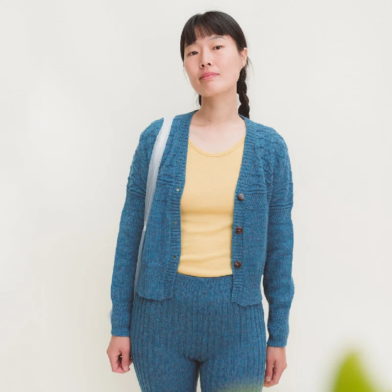 Women's Gansey Cardi - 100% Baby Alpaca - Light Peacock (S-L)