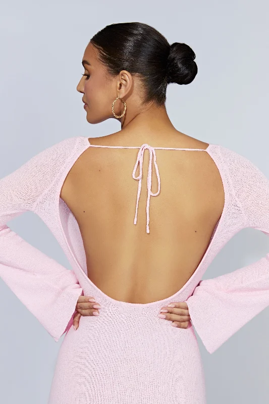 Zahra Long Sleeve Open Back Mini Knit Dress - Blush Pink