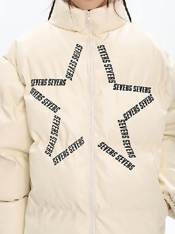 SEVERS Star Graphic Letter Print Solid Color Turtleneck Long Sleeve Puffer Zip Up Sleeve Jacket